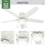 Ventilateur de plafond à profil bas Hunter 52 Anisten avec éclairage LED et chaînette - Moderne, contemporain, transitionnel