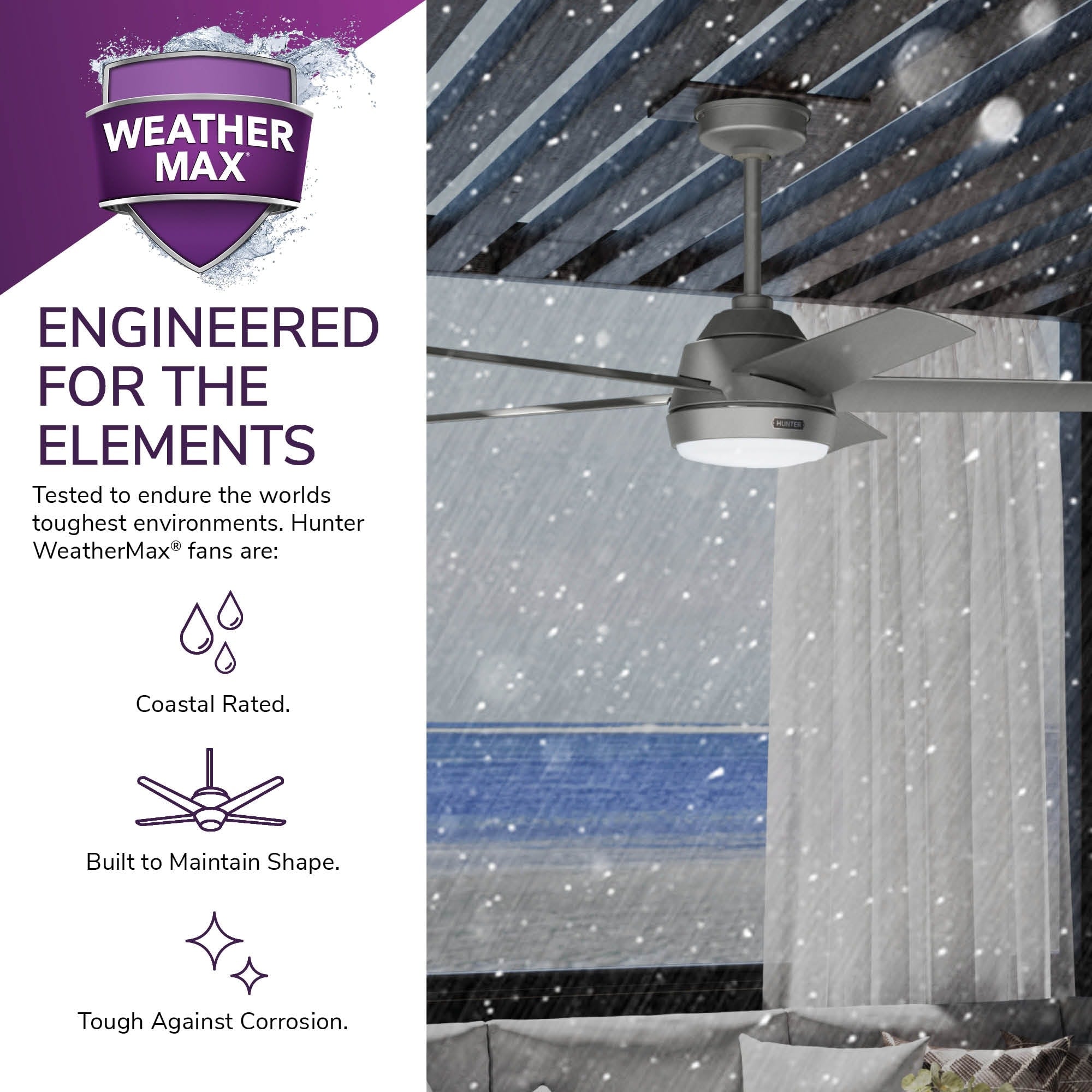 Ventilateur de plafond extérieur Hunter 52 Skyflow avec kit d'éclairage LED, commande murale - Côtier moderne contemporain - WeatherMax - CLASSÉ HUMIDE !