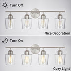 KAWOTI Lampe de salle de bain en métal à 4 lumières et abat-jour en verre à intensité variable