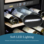 Réfrigérateur à vin autonome Lanbo 20 pouces, 64 bouteilles, double zone, porte vitrée avec garniture en acier inoxydable et deux serrures de sécurité.