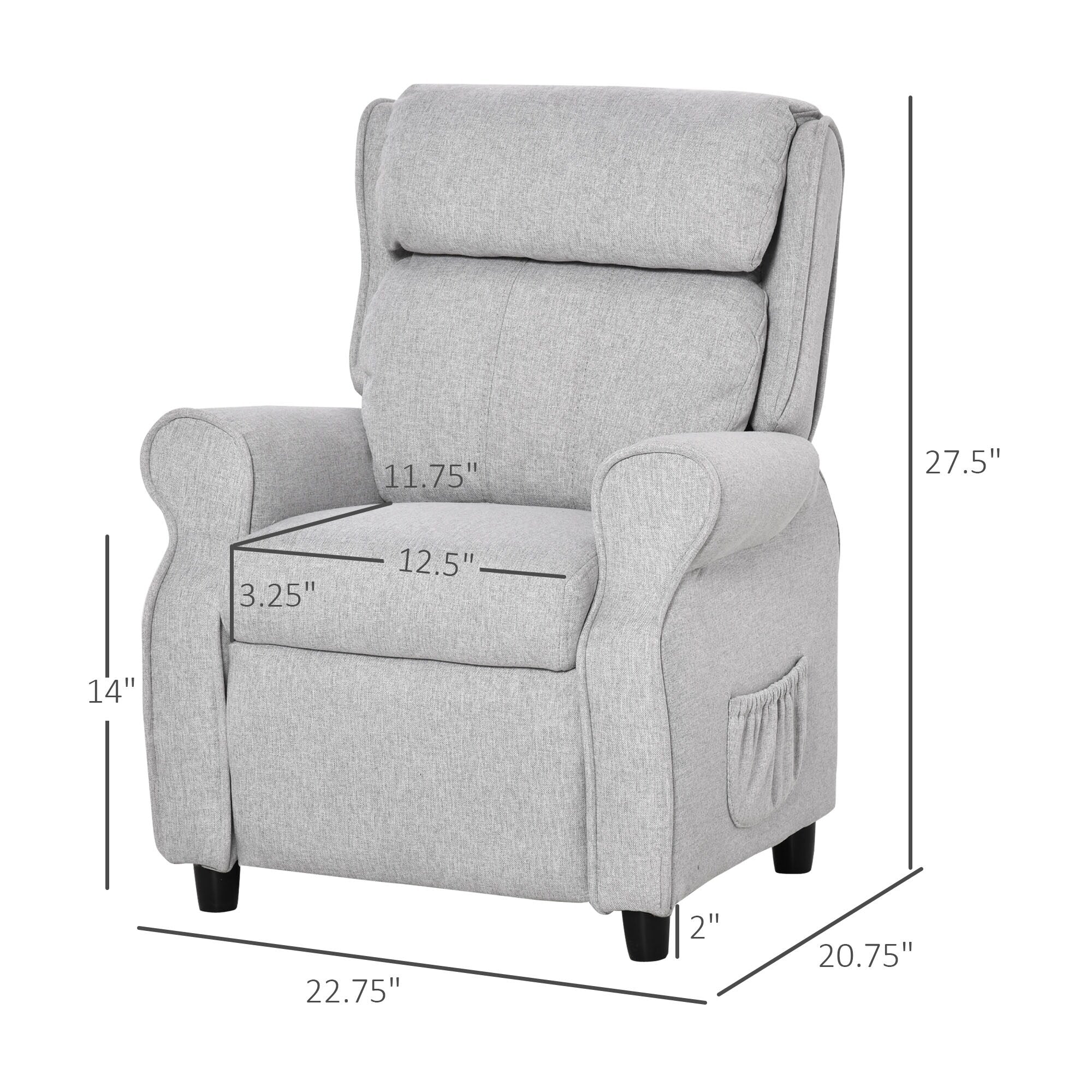 Fauteuil inclinable manuel rembourré gris clair pour enfants de 3 à 5 ans avec repose-pieds et 2 poches latérales