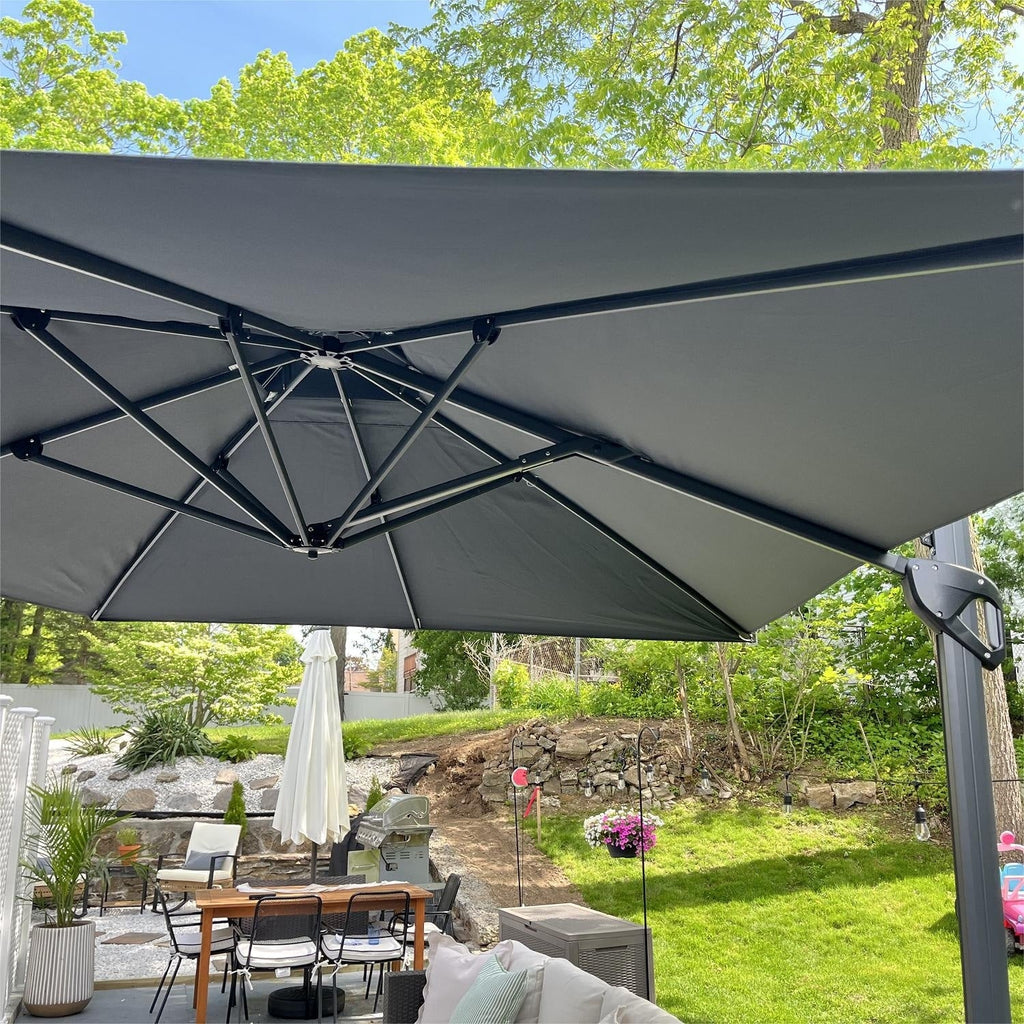 MAISON ARTS Parasol déporté hydraulique automatique de 12 pieds avec mât en aluminium et rotation à 360 degrés