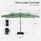 MAISON ARTS Parasol de marché extérieur rectangulaire à manivelle double face de 15 pieds Parasol de patio éclairé par LED solaire avec base incluse