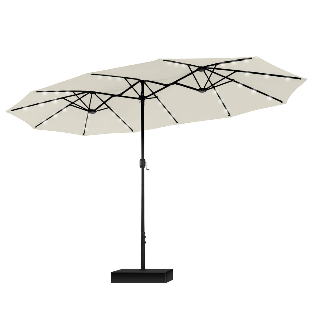 MAISON ARTS Parasol de marché extérieur rectangulaire à manivelle double face de 15 pieds Parasol de patio éclairé par LED solaire avec base incluse