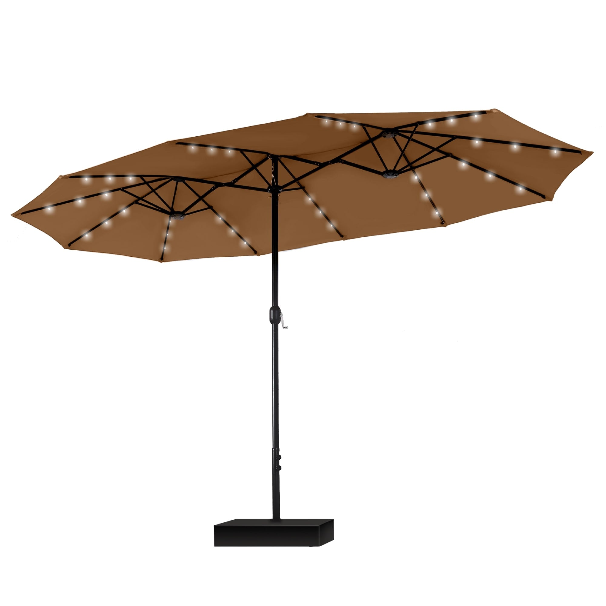 MAISON ARTS Parasol de marché extérieur rectangulaire à manivelle double face de 15 pieds Parasol de patio éclairé par LED solaire avec base incluse