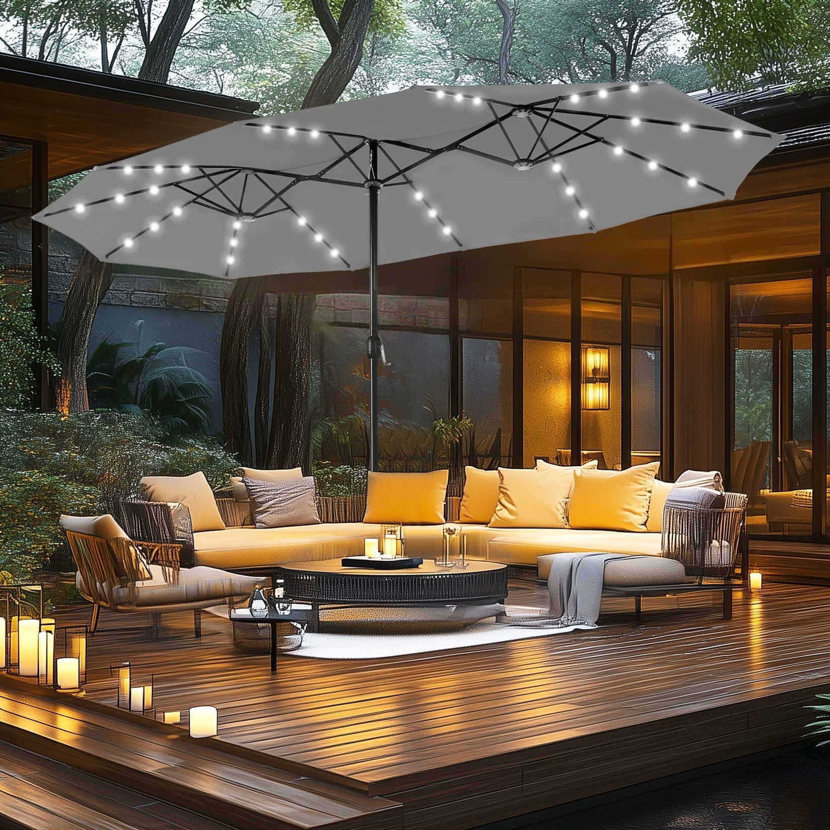 MAISON ARTS Parasol de marché extérieur rectangulaire à manivelle double face de 15 pieds Parasol de patio éclairé par LED solaire avec base incluse