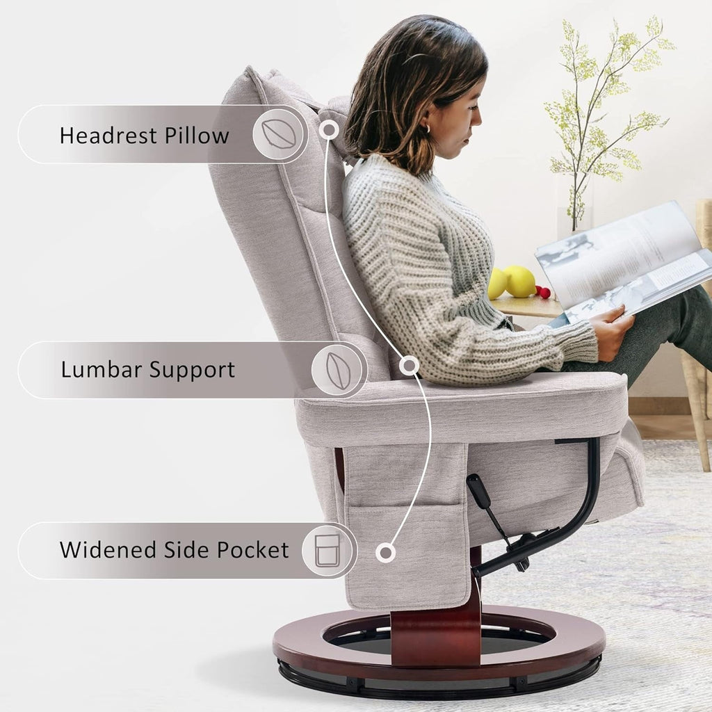 Ensemble de 2 fauteuils inclinables pivotants avec pouf et coussin de nuque, tissu chenille