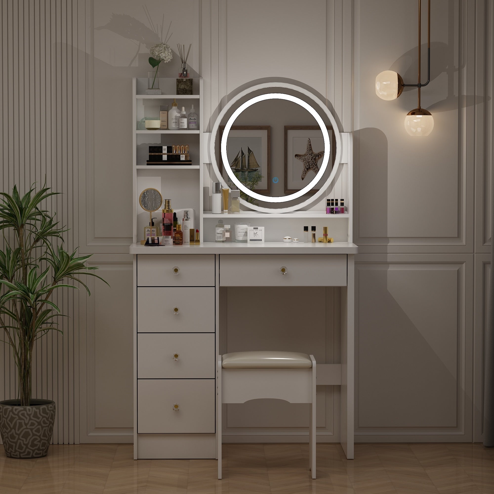 Ensemble coiffeuse avec miroir tactile et tabouret