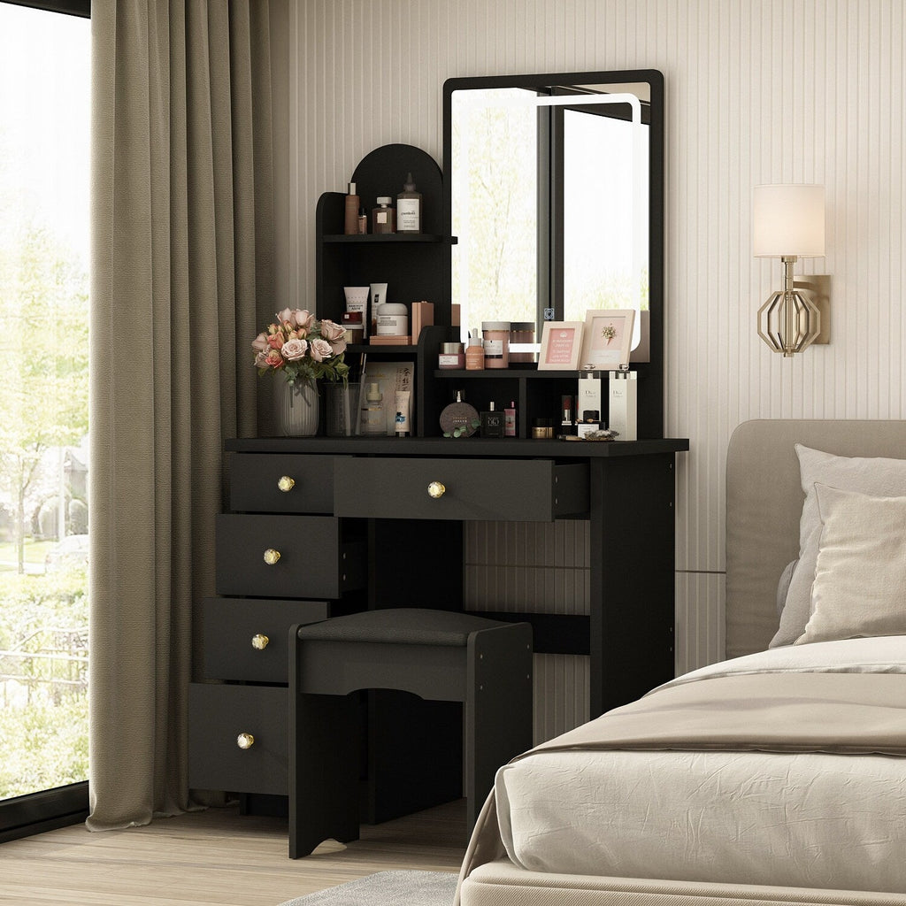 Coiffeuse avec table et tabouret, miroir et éclairage LED