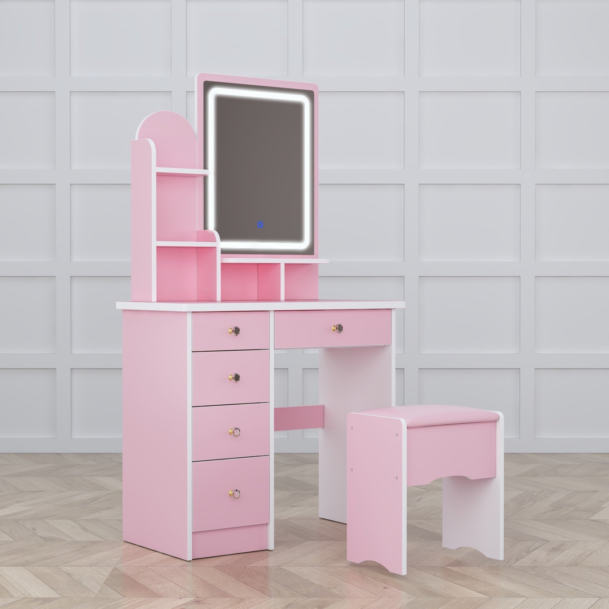 Coiffeuse avec table et tabouret, miroir et éclairage LED