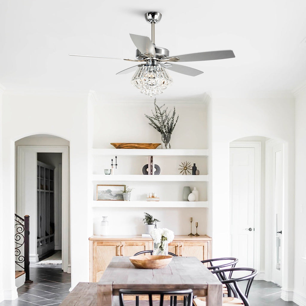 Ventilateur de plafond moderne en cristal chromé de 52 pouces avec télécommande