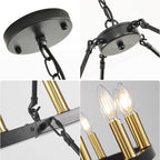 Lustre de ferme moderne à 2 niveaux, lustre rond en forme de roue de chariot, grand plafonnier haut.