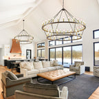 Lustre de ferme moderne à 2 niveaux, lustre rond en forme de roue de chariot, grand plafonnier haut.