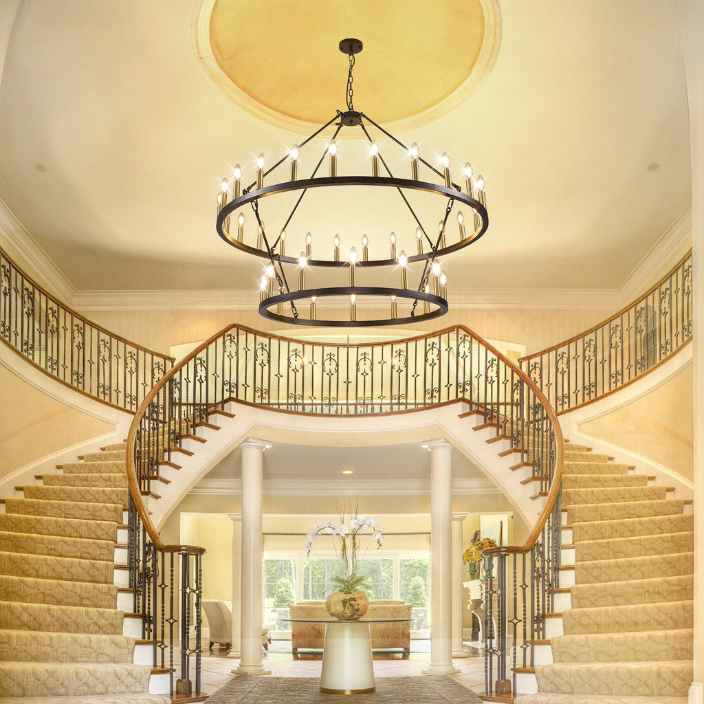 Lustre de ferme moderne à 2 niveaux, lustre rond en forme de roue de chariot, grand plafonnier haut.