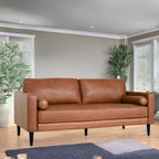 Canapé moderne en cuir véritable avec pieds en bois et coussin traversin supplémentaire