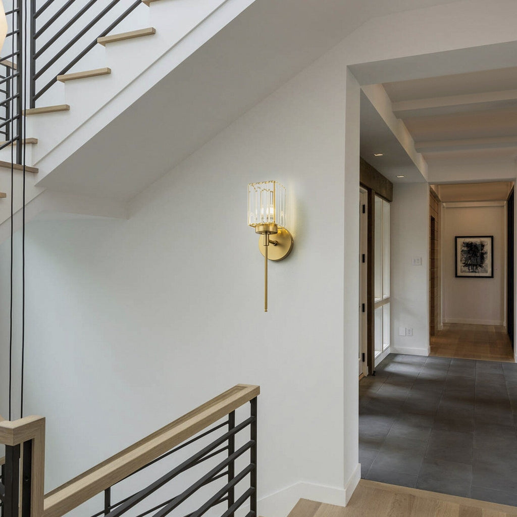 Applique murale moderne dorée à intensité variable, style cylindre glamour pour salle de bain, en cristal, pour meuble-lavabo