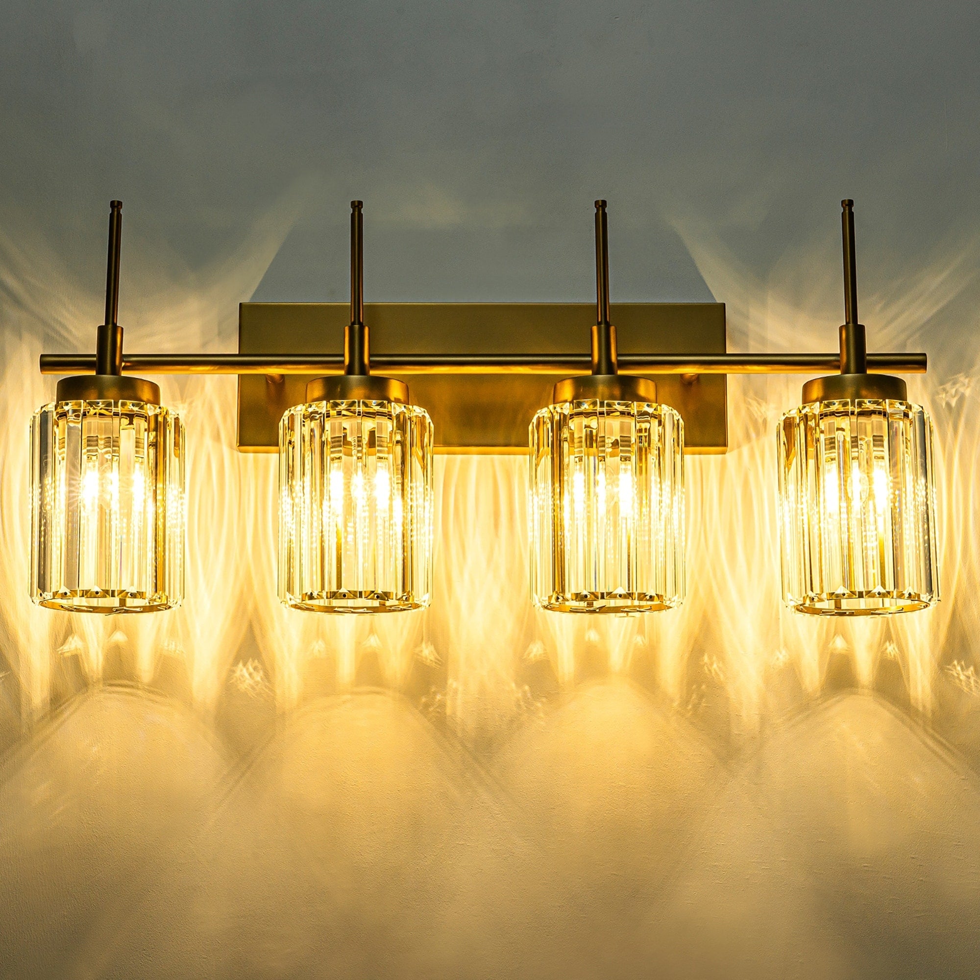 Applique murale moderne dorée à intensité variable, style cylindre glamour pour salle de bain, en cristal, pour meuble-lavabo