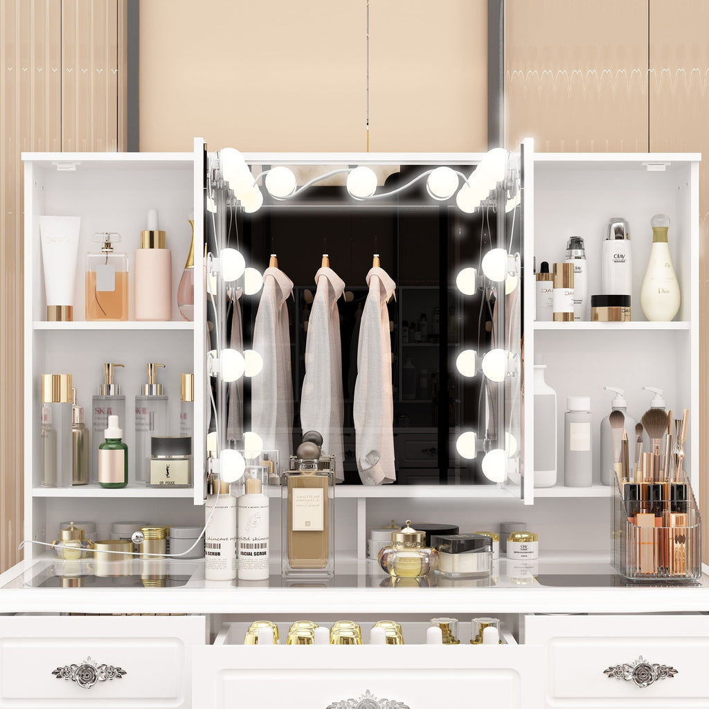 Miroir de maquillage pliable blanc moderne avec éclairage réglable - 40,2 x 54,1