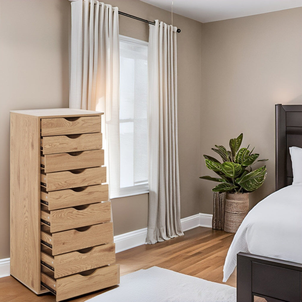 Armoire étroite en bois à 9 tiroirs avec tiroirs coulissants en douceur et étagère de rangement supérieure