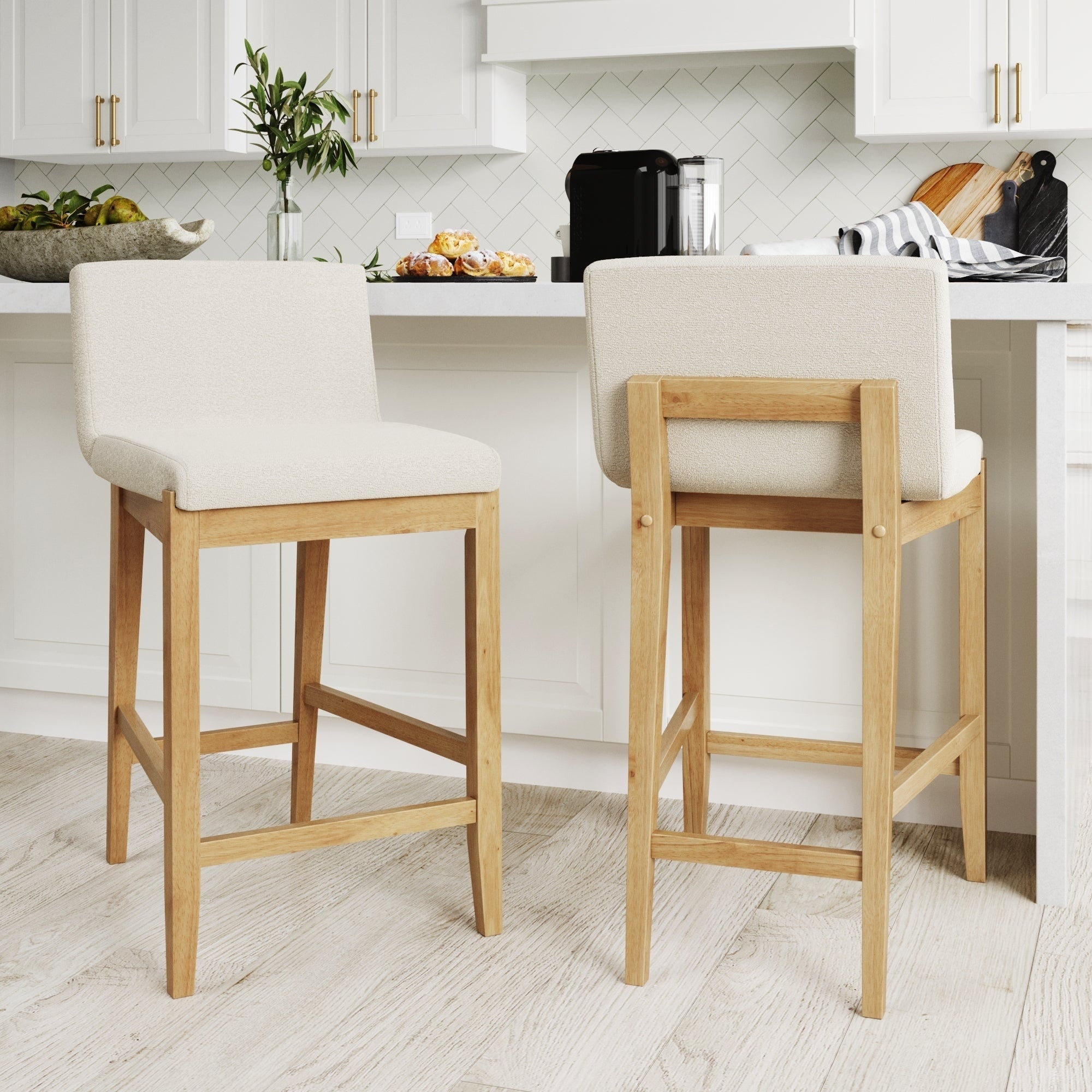 Tabouret de bar moderne Gracie, chaise rembourrée en boucle et pieds en bois brossé