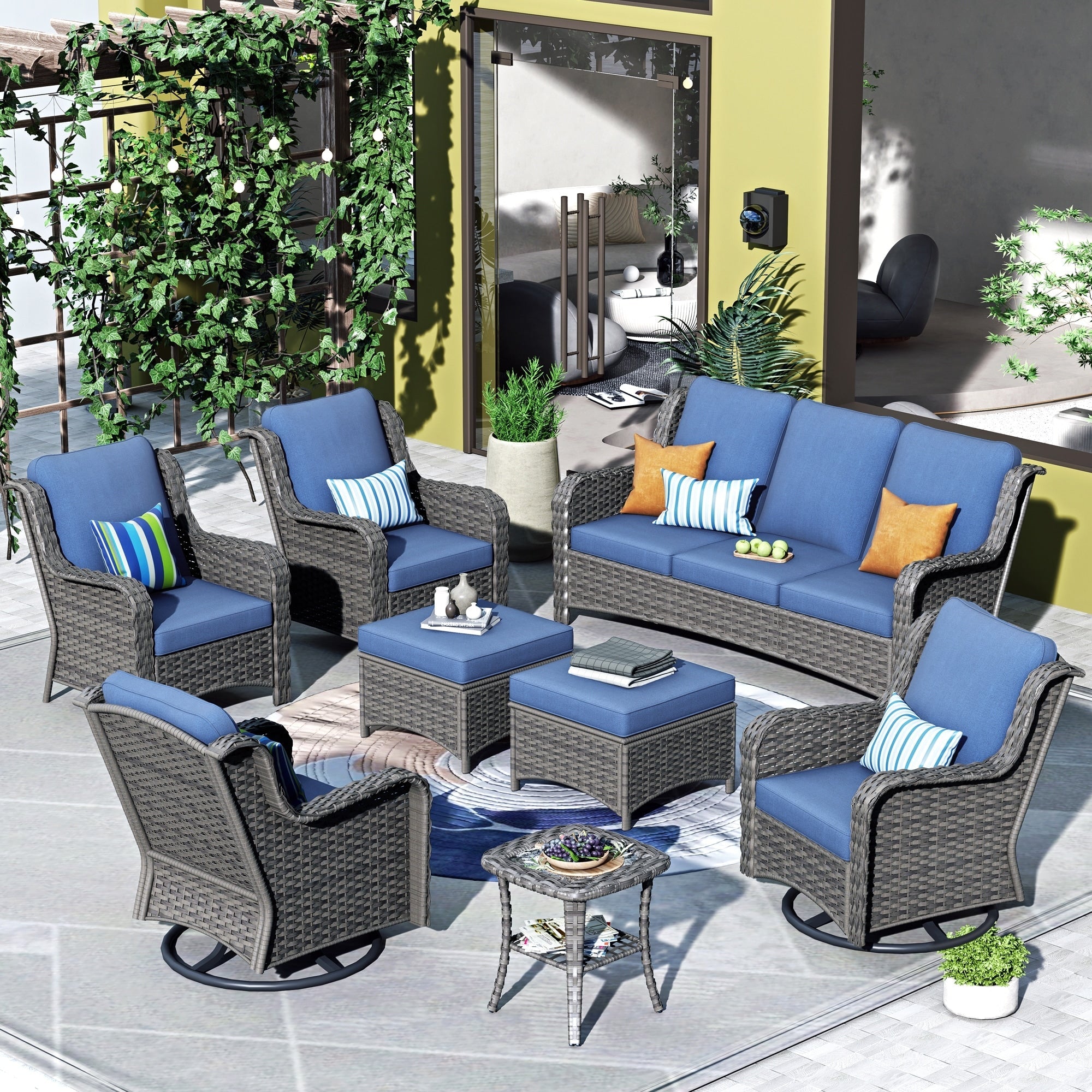Ensemble de 8 chaises pivotantes en osier pour patio OVIOS