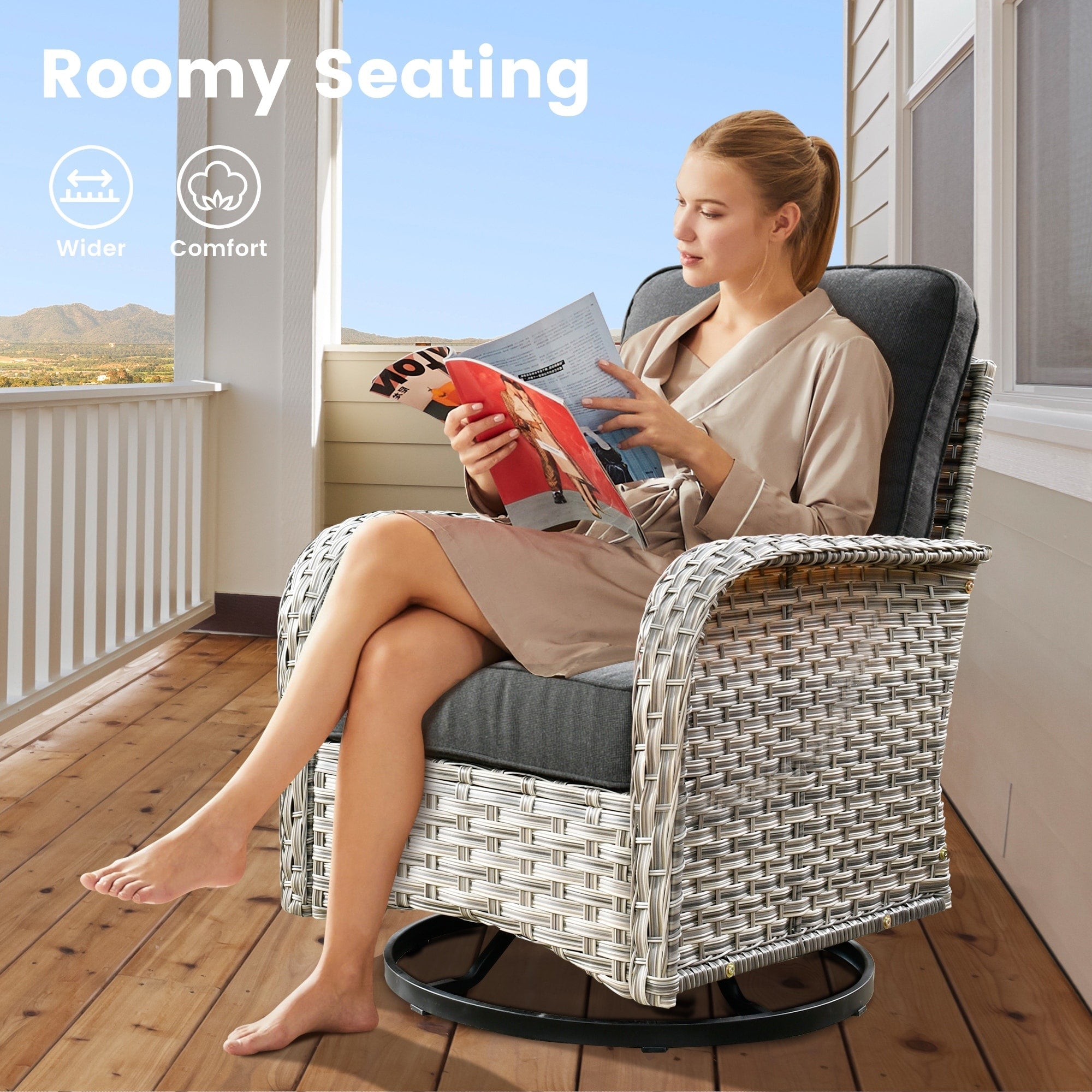 Ensemble de 9 chaises pivotantes d'extérieur en osier OVIOS avec table à feu