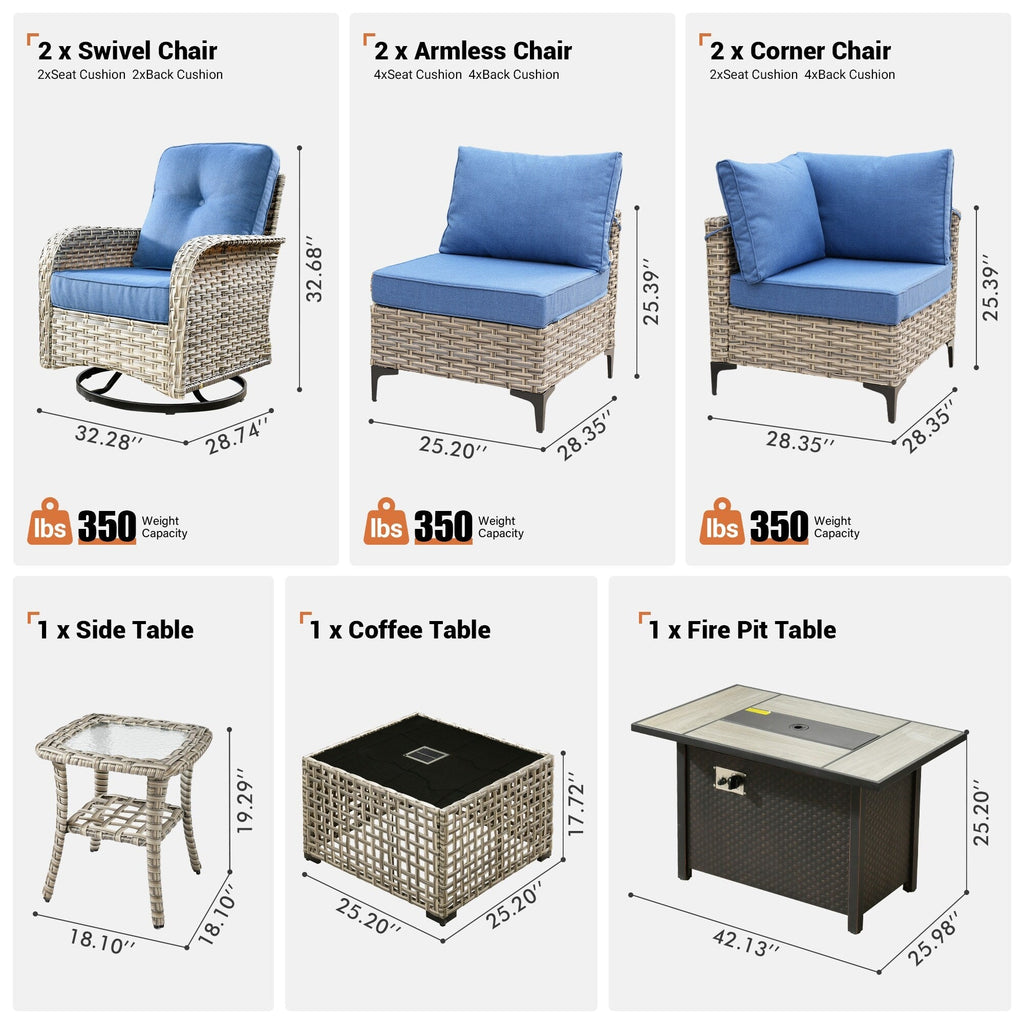 Ensemble de 9 chaises pivotantes d'extérieur en osier OVIOS avec table à feu