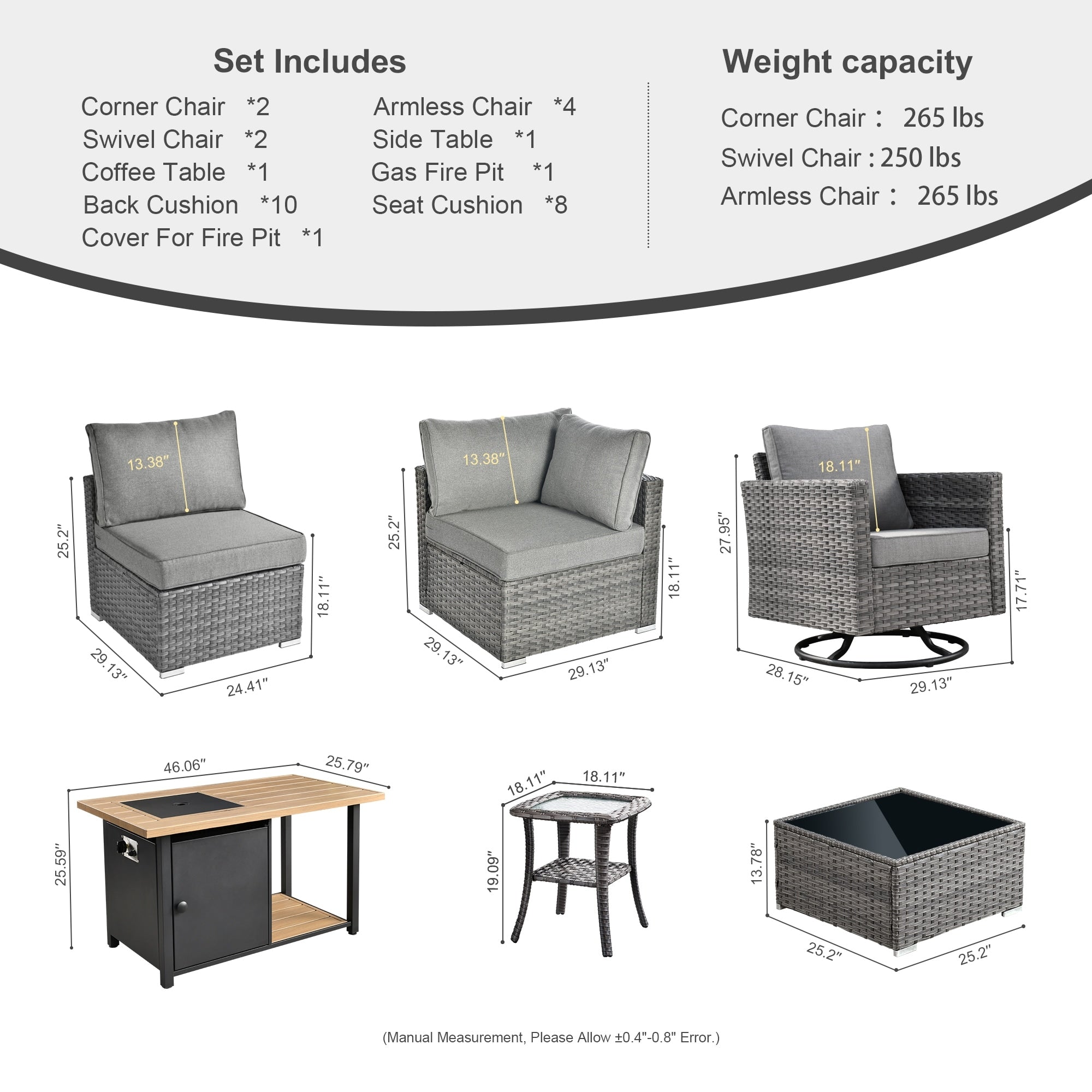 Ensemble de salon sectionnel OVIOS en osier à siège profond, 11 pièces, chaises pivotantes, foyer