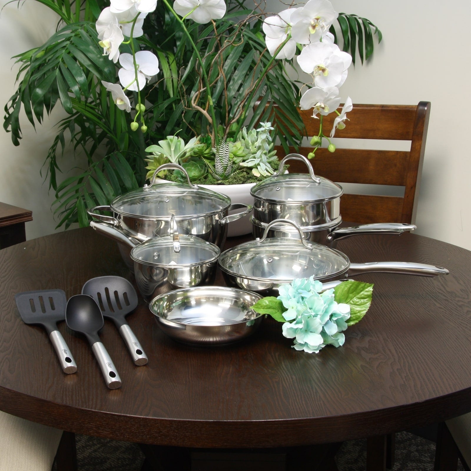 Batterie de cuisine Oster Ridgewell 13 pièces en acier inoxydable en forme de ventre