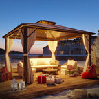 Gazebo à toit rigide EROMMY, pergola d'extérieur avec double toit, filet et rideaux, auvent robuste pour patio, arrière-cour, fête au bord de la piscine