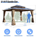 Gazebo à toit rigide EROMMY, pergola d'extérieur avec double toit, filet et rideaux, auvent robuste pour patio, arrière-cour, fête au bord de la piscine
