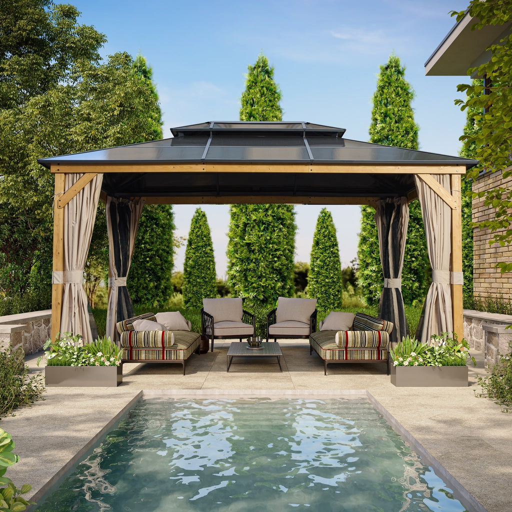 Gazebo à toit rigide EROMMY, pergola d'extérieur avec double toit, filet et rideaux, auvent robuste pour patio, arrière-cour, fête au bord de la piscine