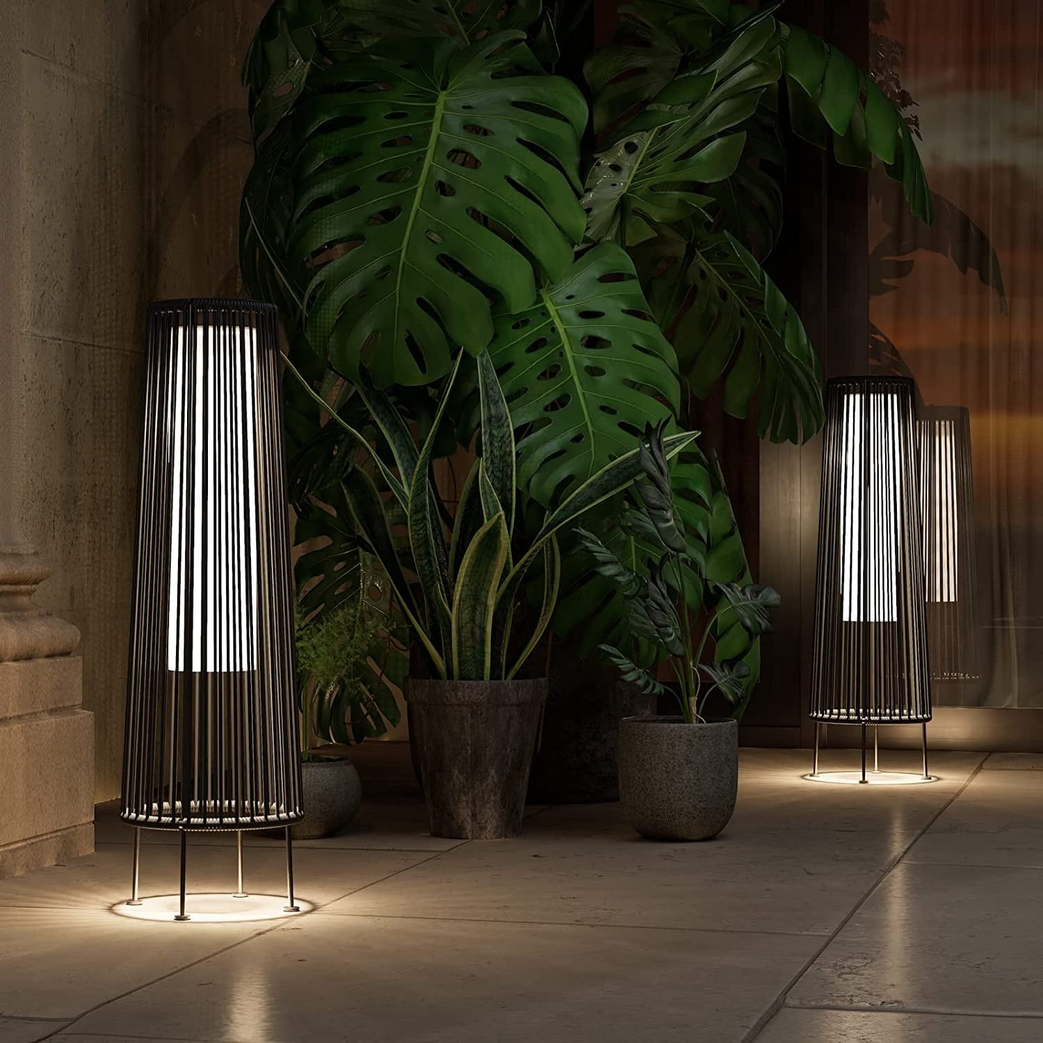 Lot de 2 lampes solaires d'extérieur en osier, résistantes aux intempéries, idéales pour terrasse, porche, cour ou jardin.