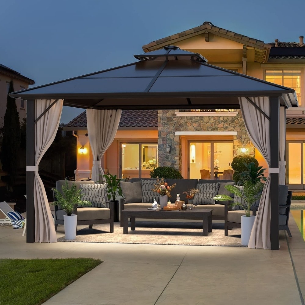 Tonnelle à toit rigide pour jardin – Pergola permanente avec filet, rideaux et double toit, abri extérieur toutes saisons