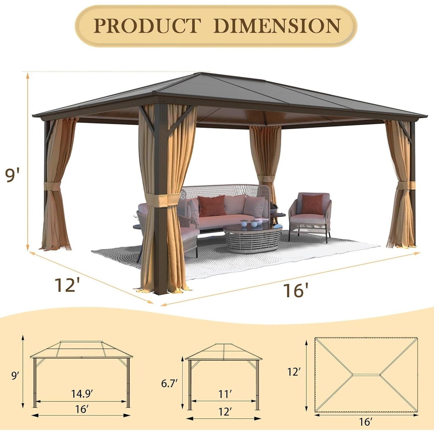 Tonnelle à toit rigide pour jardin – Pergola permanente avec filet, rideaux et double toit, abri extérieur toutes saisons