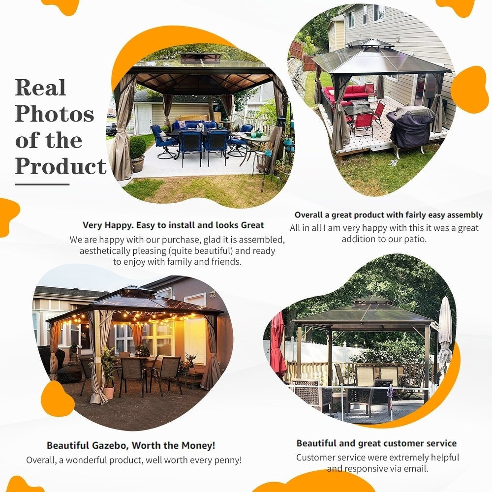 Tonnelle à toit rigide pour jardin – Pergola permanente avec filet, rideaux et double toit, abri extérieur toutes saisons