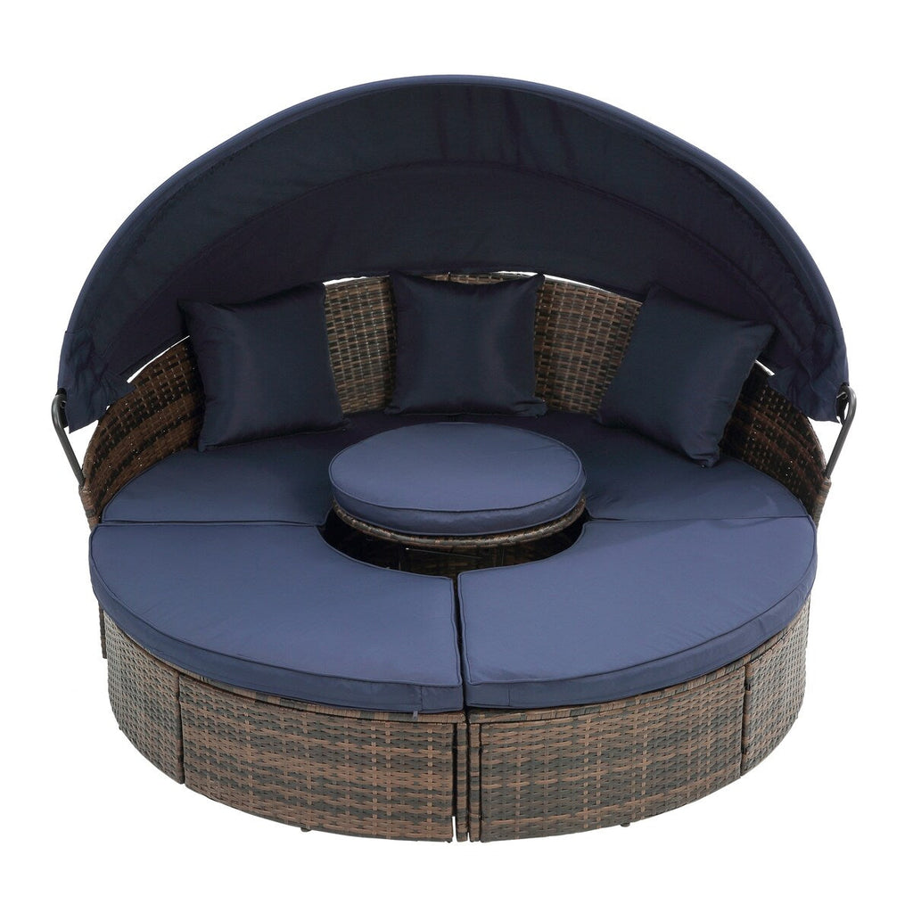 Lit de repos rond en rotin pour extérieur avec table basse relevable, canapé-lit profond bleu marine avec oreillers et coussins lavables