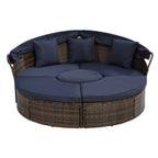 Lit de repos rond en rotin pour extérieur avec table basse relevable, canapé-lit profond bleu marine avec oreillers et coussins lavables