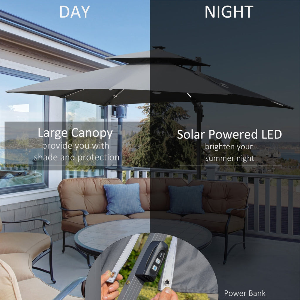 Parasol de terrasse solaire à LED Outsunny de 3 m, parasol suspendu décalé avec rotation à 360°, base croisée, 8 baleines, inclinaison et manivelle