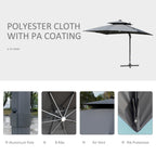 Parasol de terrasse solaire à LED Outsunny de 3 m, parasol suspendu décalé avec rotation à 360°, base croisée, 8 baleines, inclinaison et manivelle