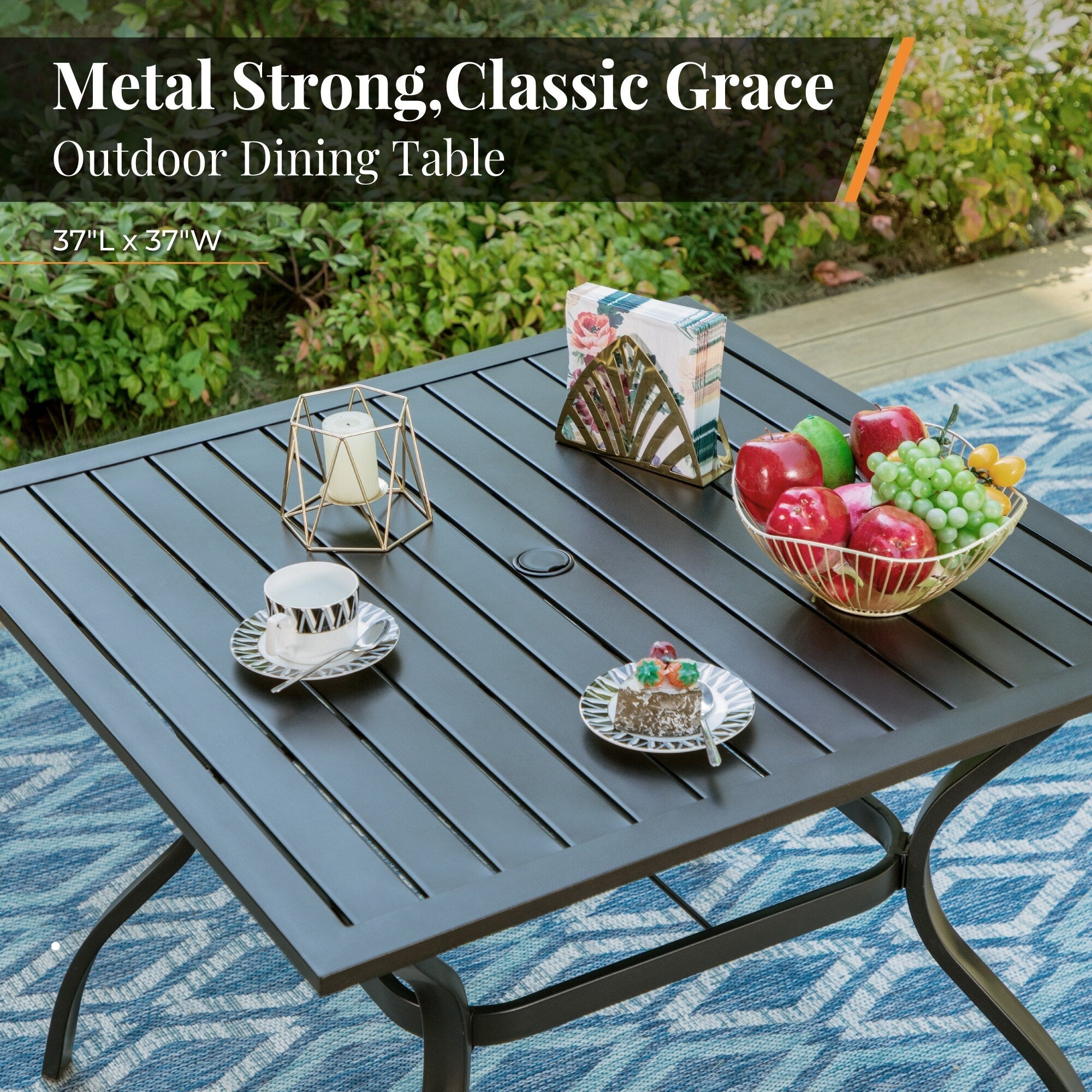 Ensemble de salle à manger de patio 6 pièces MAISON ARTS avec parasol à inclinaison automatique à 3 niveaux de 10 pieds : 4 chaises d'extérieur en métal et 1 table à manger carrée en métal