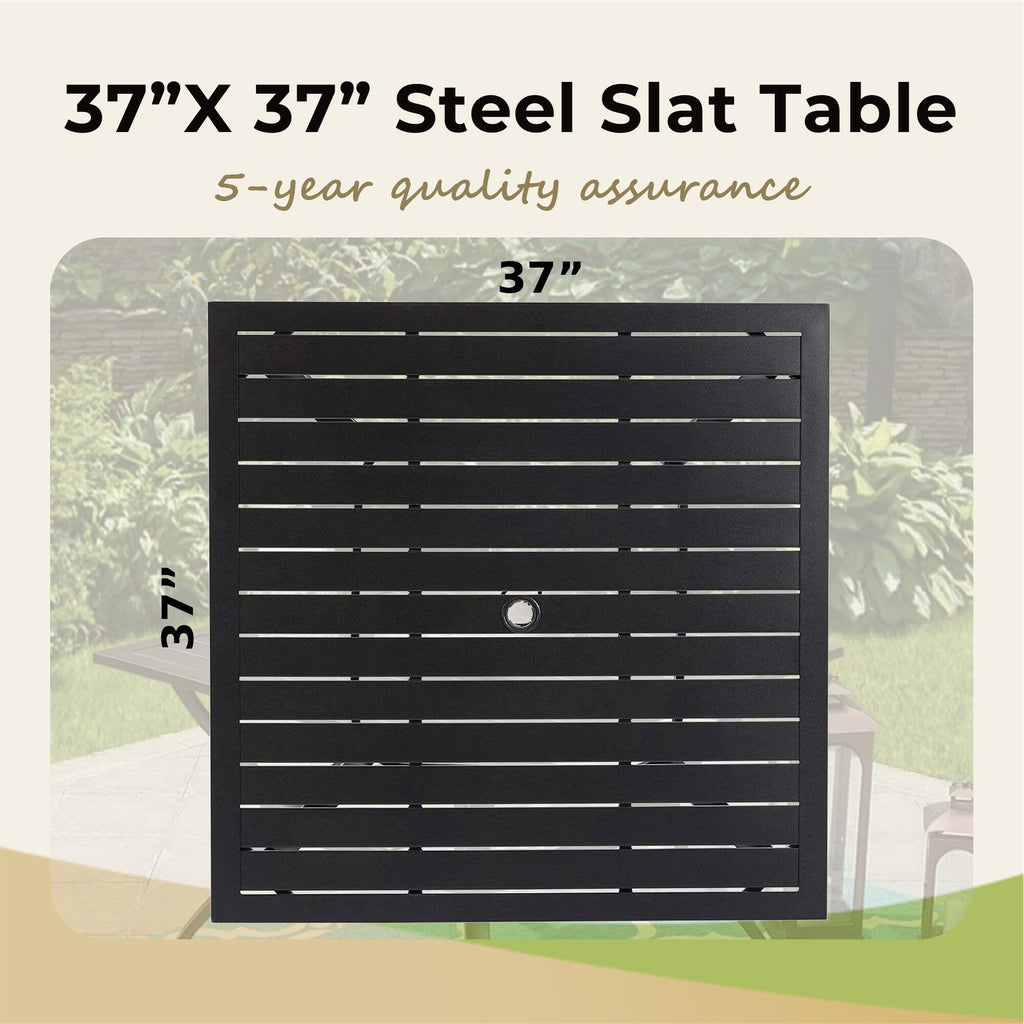 Ensemble de salle à manger de patio 6 pièces MAISON ARTS avec parasol à inclinaison automatique à 3 niveaux de 10 pieds : 4 chaises d'extérieur en métal et 1 table à manger carrée en métal