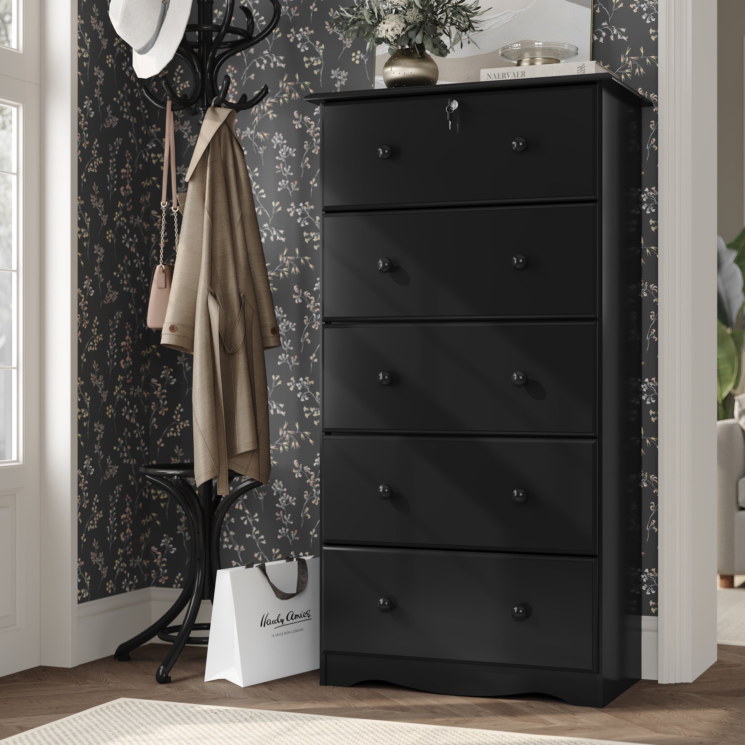 Commode 5 tiroirs géants 100 % bois massif de Palace Imports avec serrure, boutons en métal ou en bois