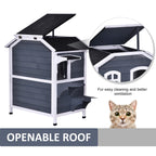 Maison pour chat d'extérieur PawHut en bois de sapin à deux étages, abri pour chats sauvages en bois avec toit en asphalte ouvrable pour intérieur/extérieur, blanc/gris