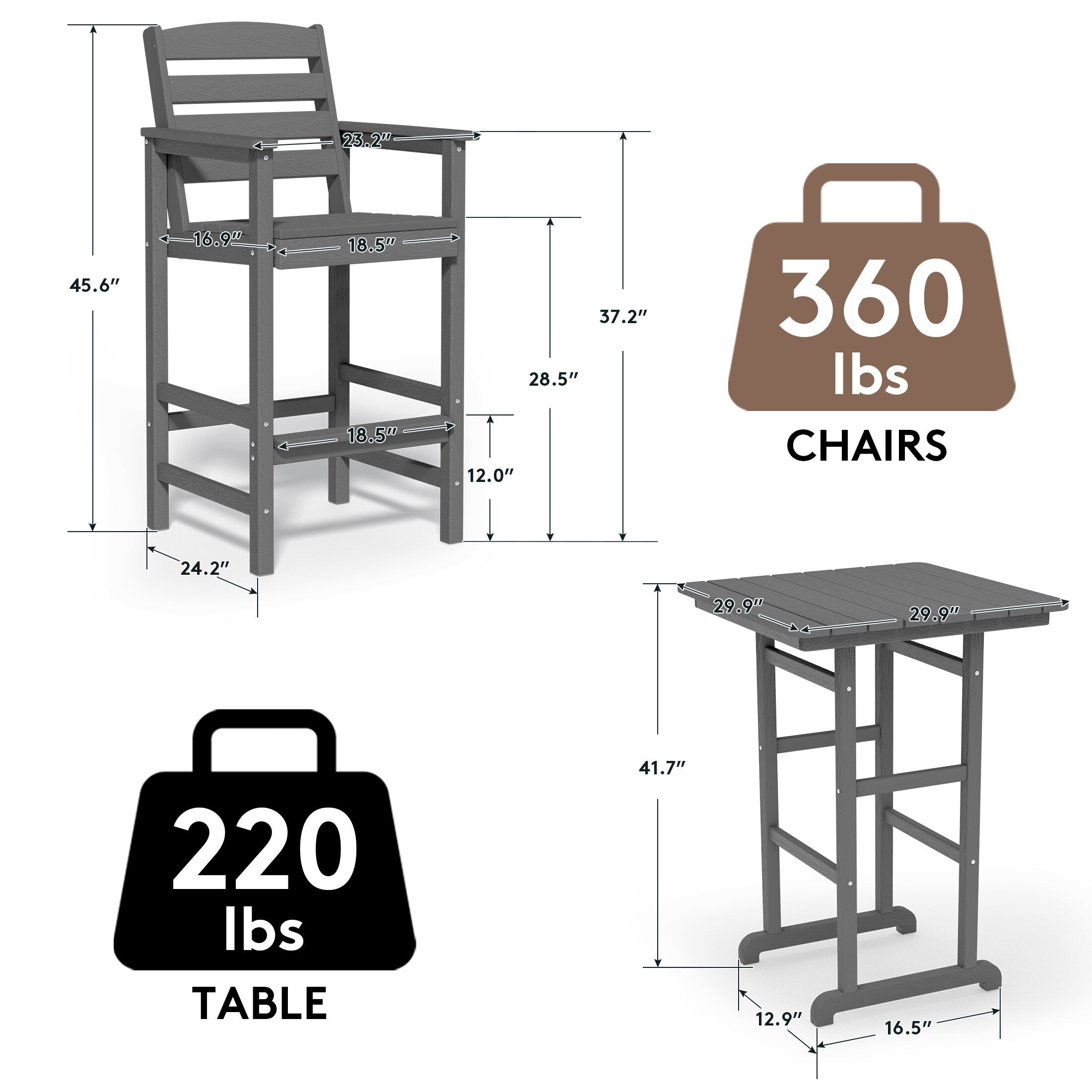 Ensemble de 3 chaises hautes Adirondack en plastique pour patio