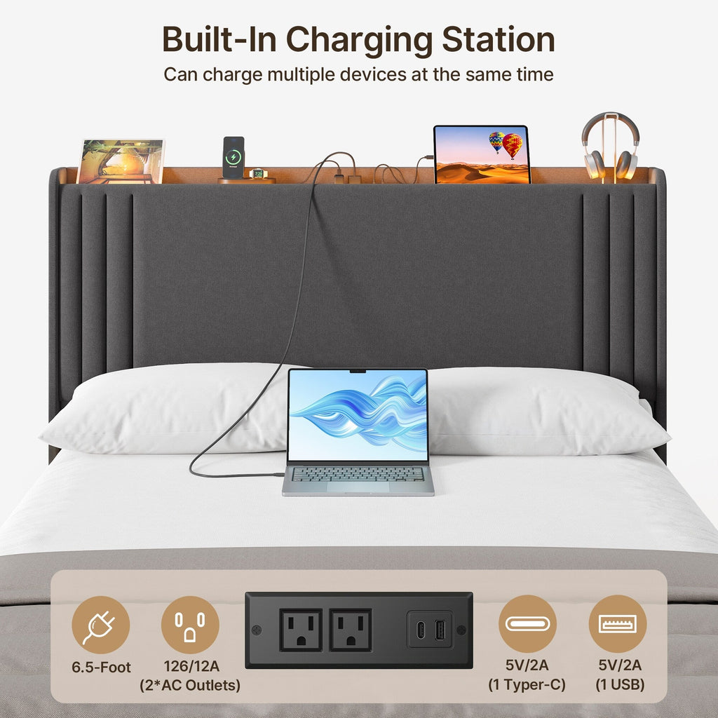 Lit Queen/Full rembourré à canaux verticaux avec tête de lit à oreilles