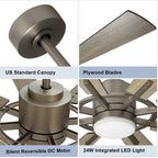 Ventilateur de plafond télécommandé avec lumières, grandes 8 pales en bois