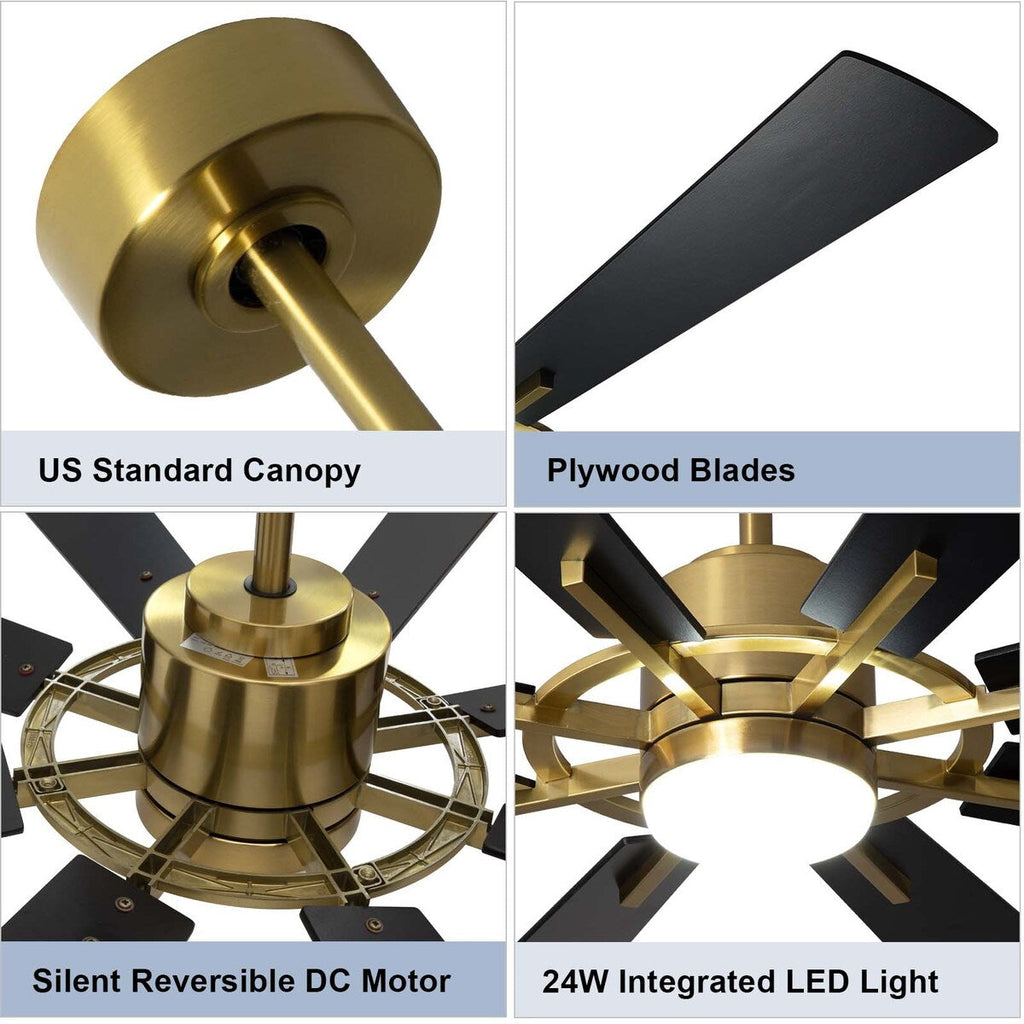 Ventilateur de plafond télécommandé avec lumières, grandes 8 pales en bois