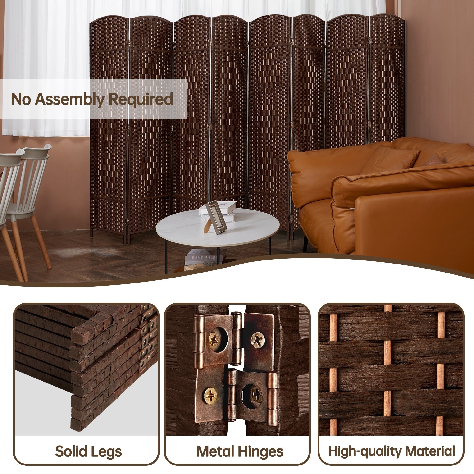 Paravent de séparation de pièce de 6 pieds de haut en fibre tissée, écran de confidentialité autoportant, écran pliant