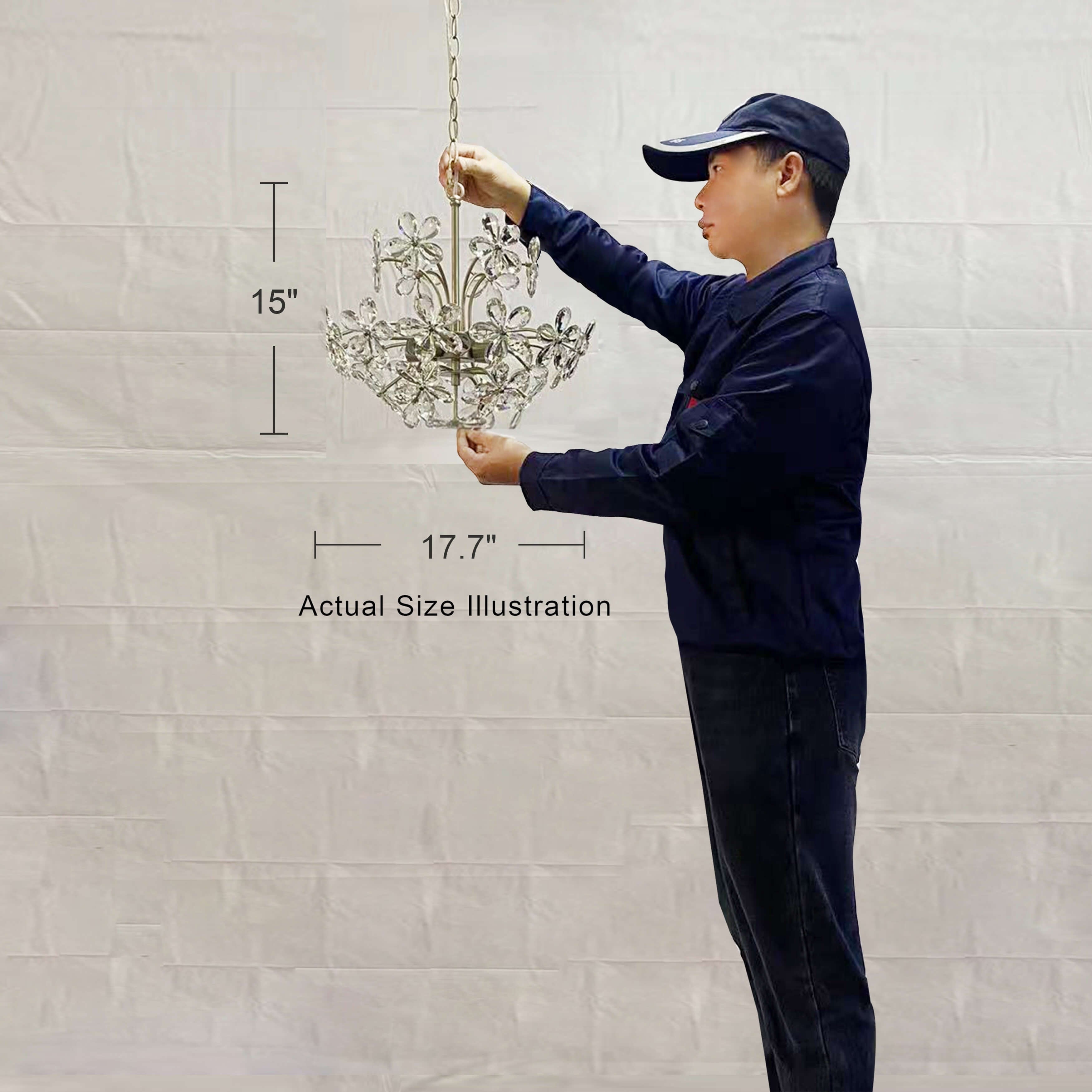 Lustre Rosa à 6 lumières en cristal argenté brossé avec motif de fleurs champagne